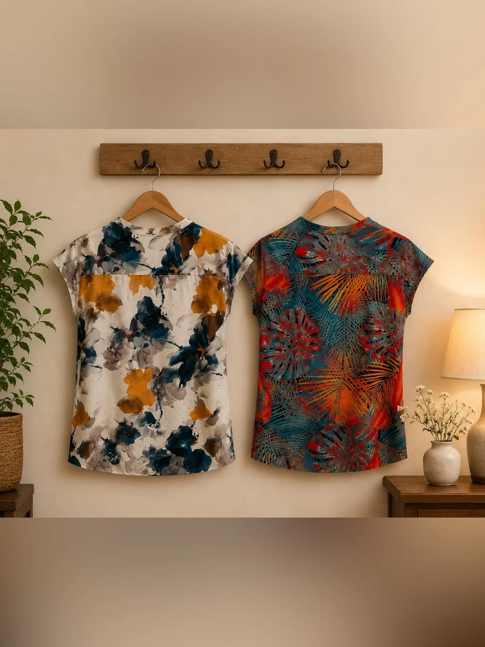 Women’s Floral Watercolor Short Sleeve Top - White & Mustard - Picture 2 of 2
